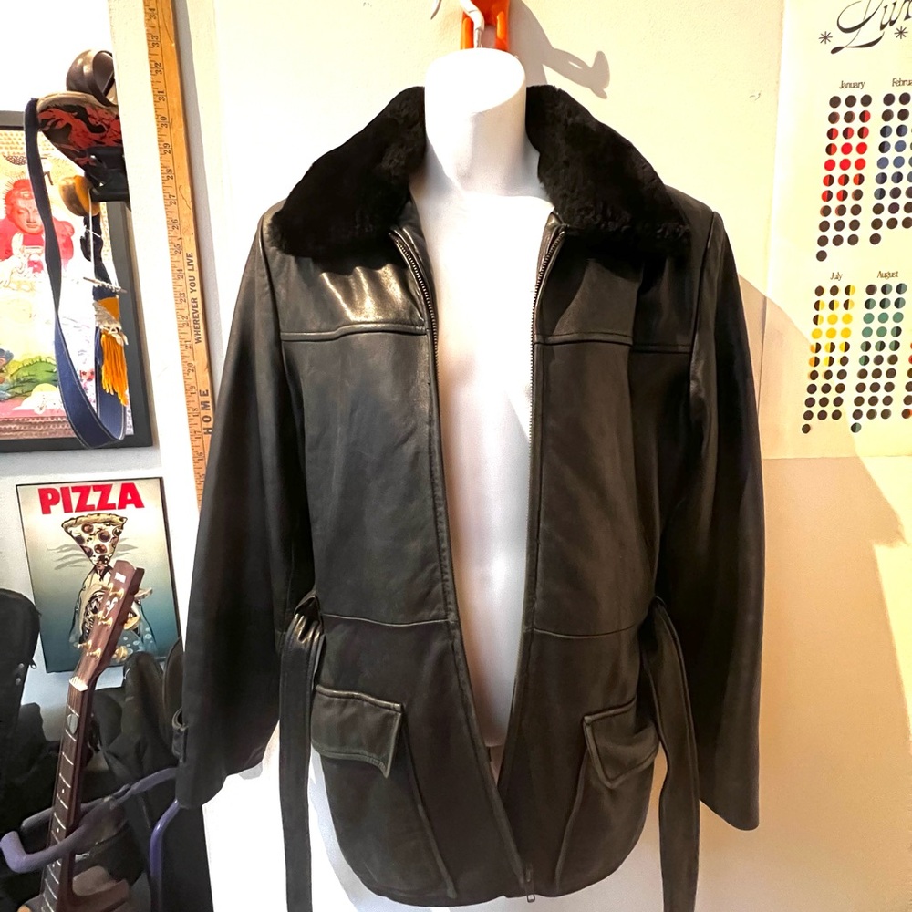 Vintage Kenneth Cole Black Leather Coat with Black Fur Collar